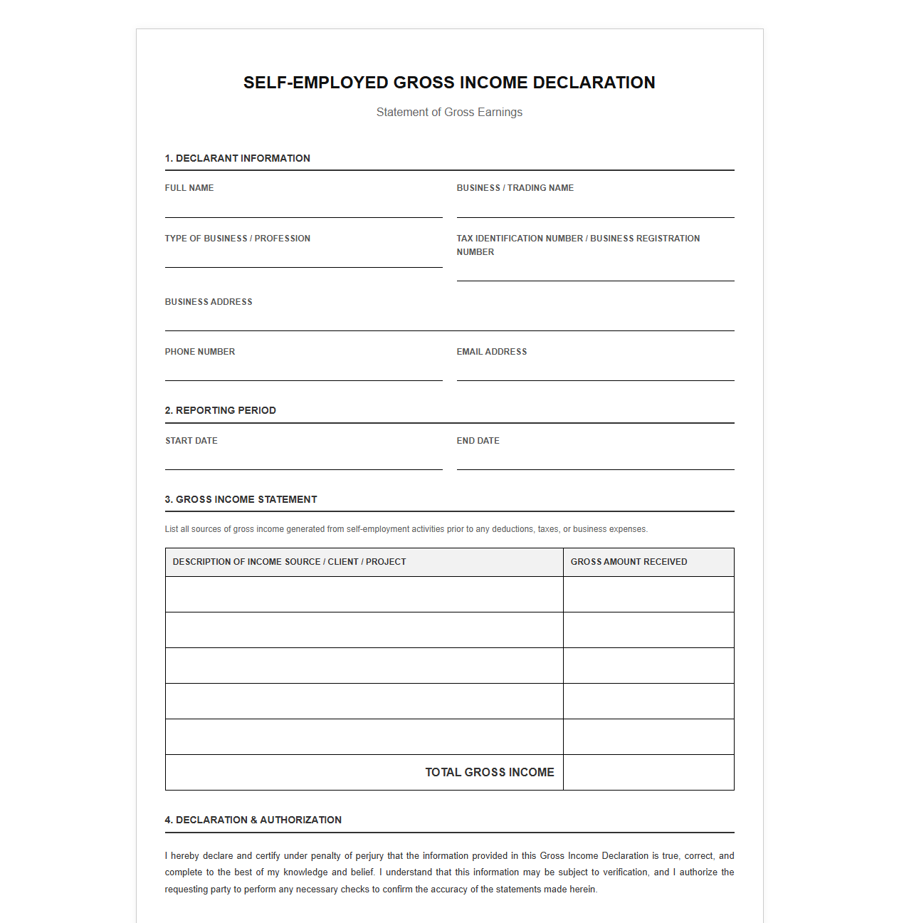 Self-Employed Gross Income Declaration Form