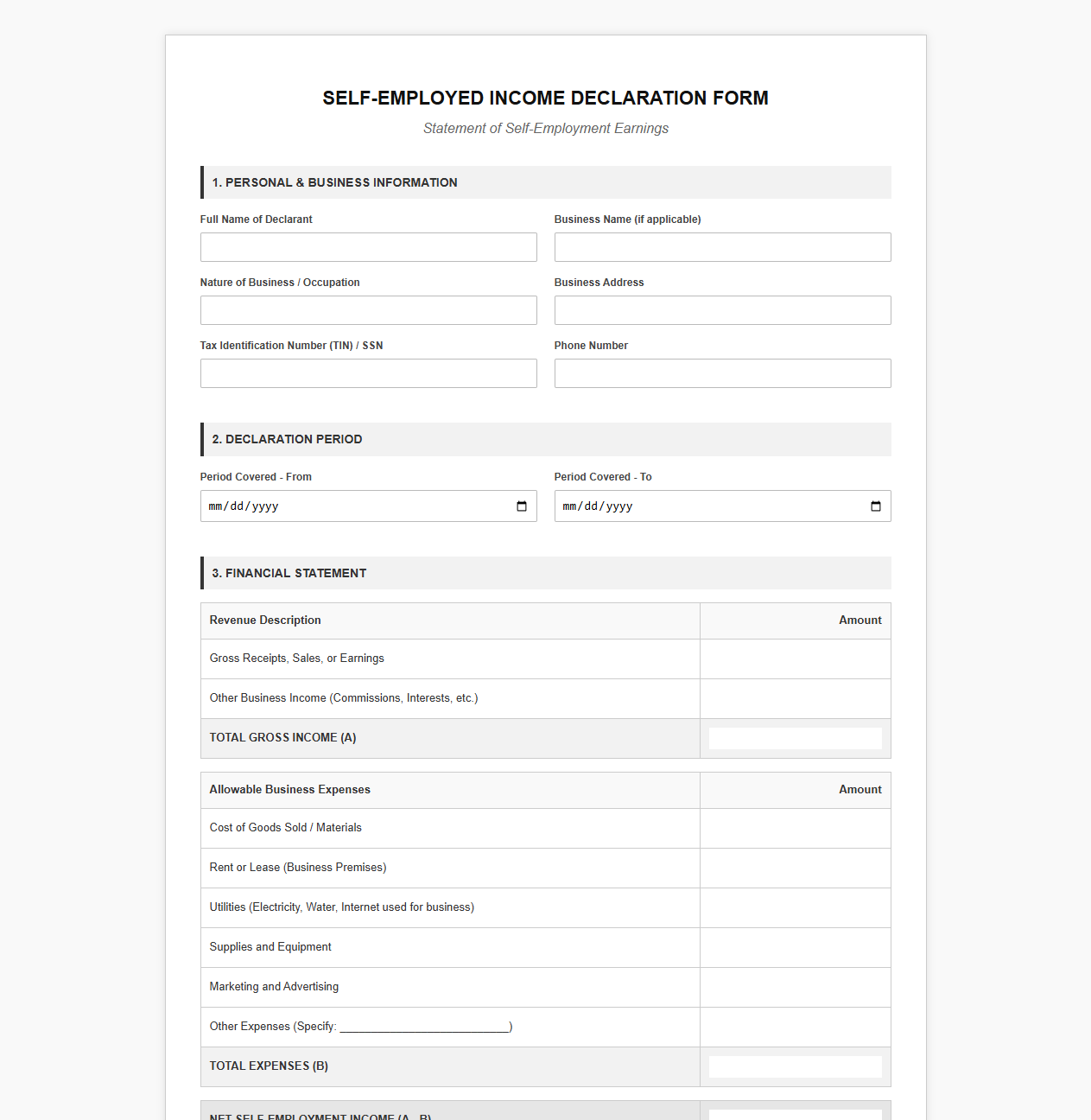 Self-Employed Income Declaration Form