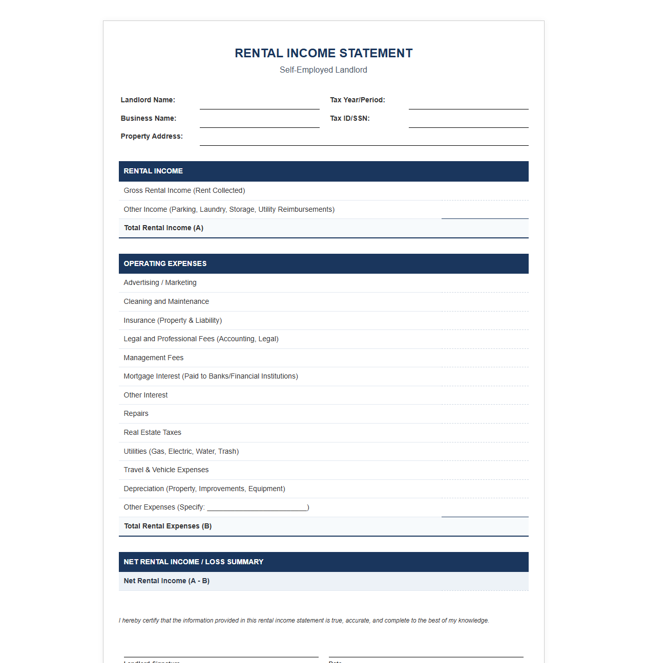 Self-Employed Landlord Rental Income Statement