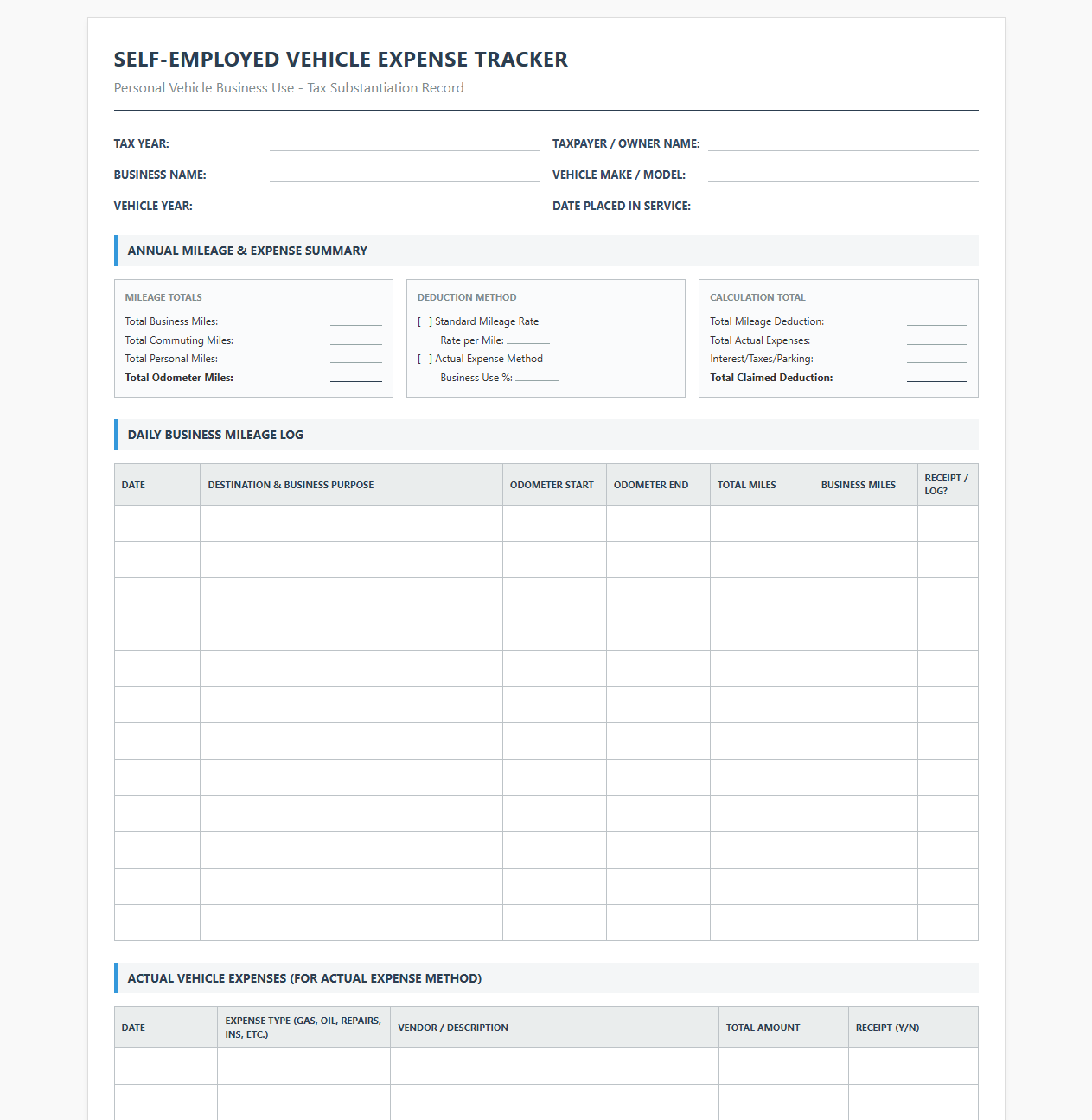 Self Employed Vehicle Expense Tracker for Taxes