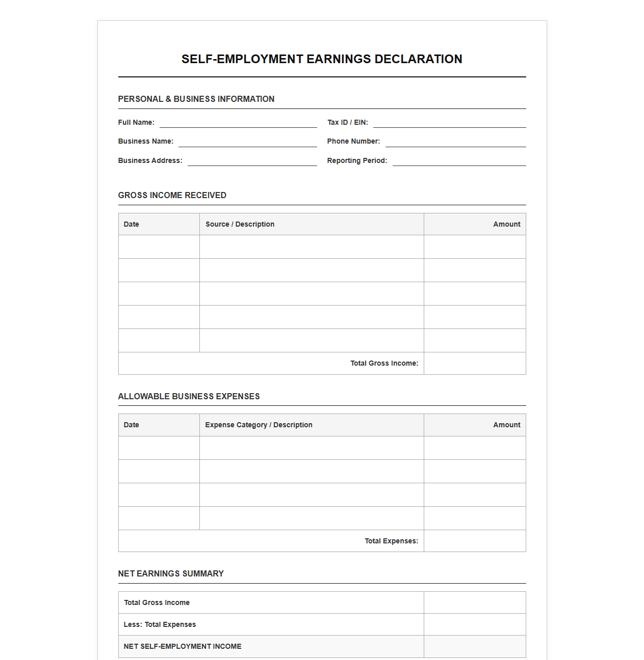 Self-Employment Earnings Declaration Template