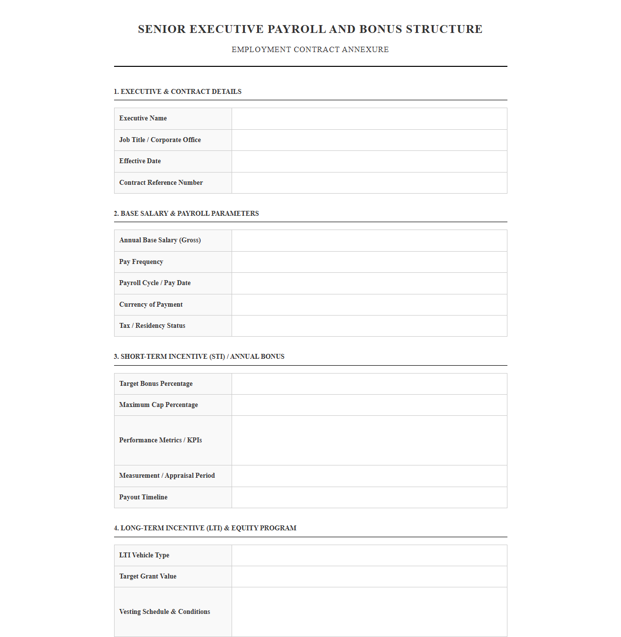 Senior Executive Payroll and Bonus Structure Template