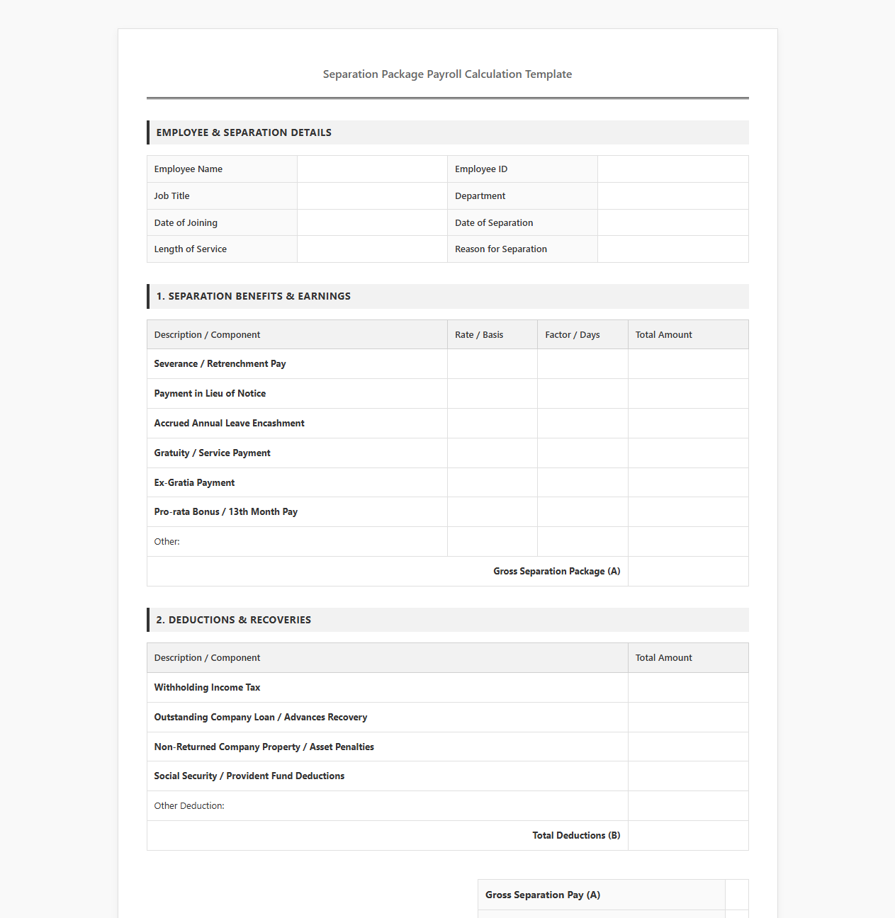 Separation Package Payroll Calculation Template