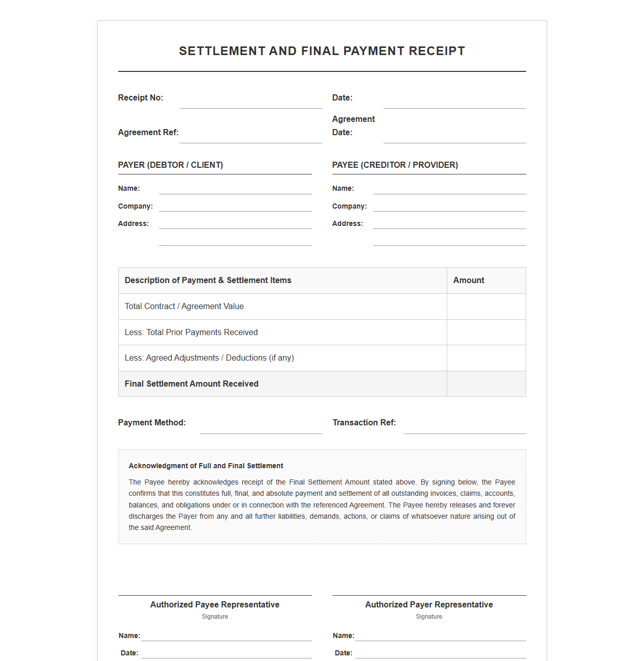 Settlement and Final Payment Receipt