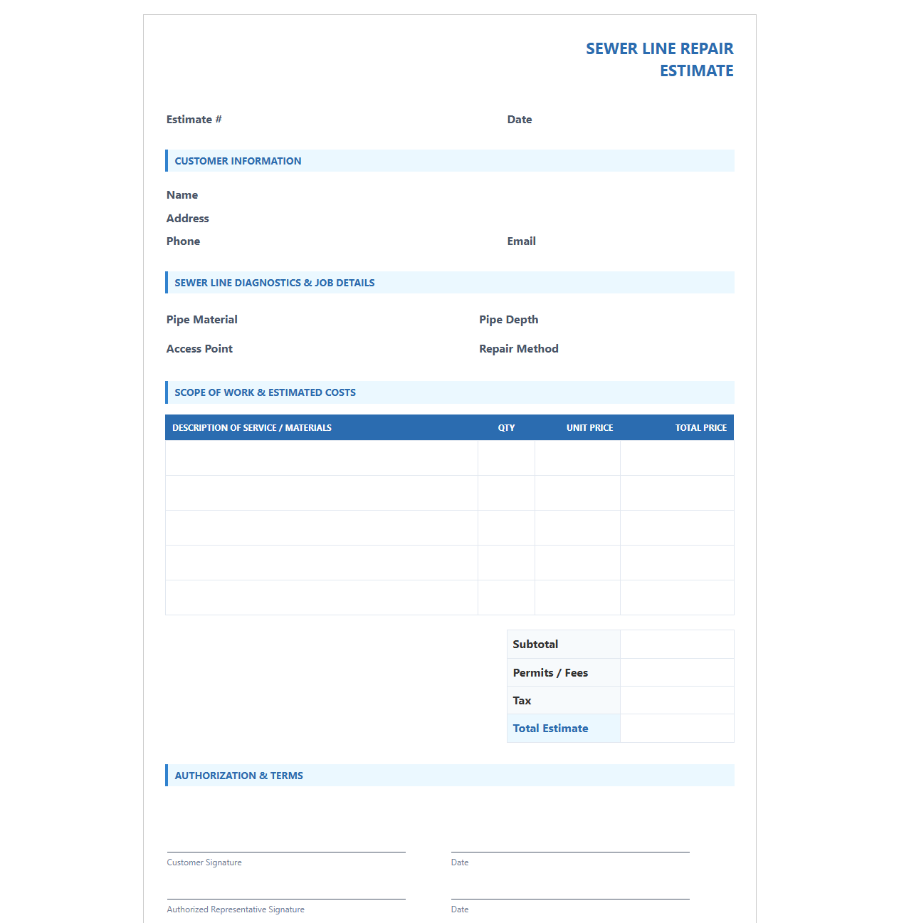 Sewer Line Repair Estimate Sheet