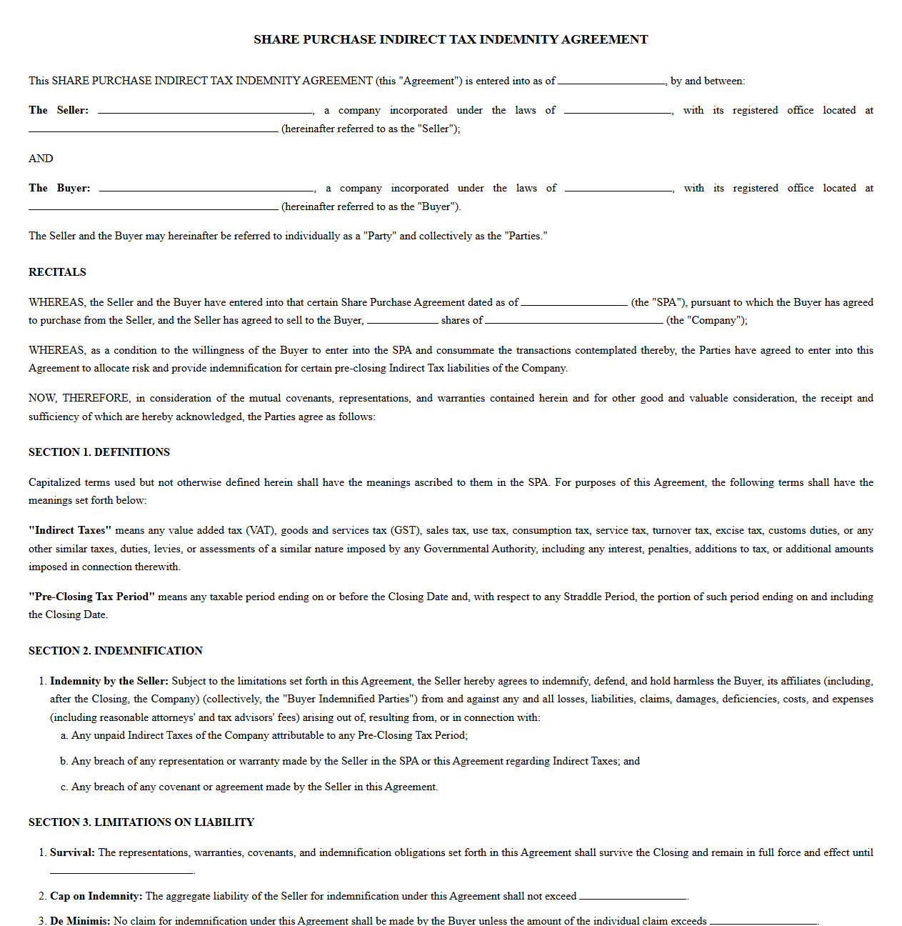 Share Purchase Indirect Tax Indemnity Agreement