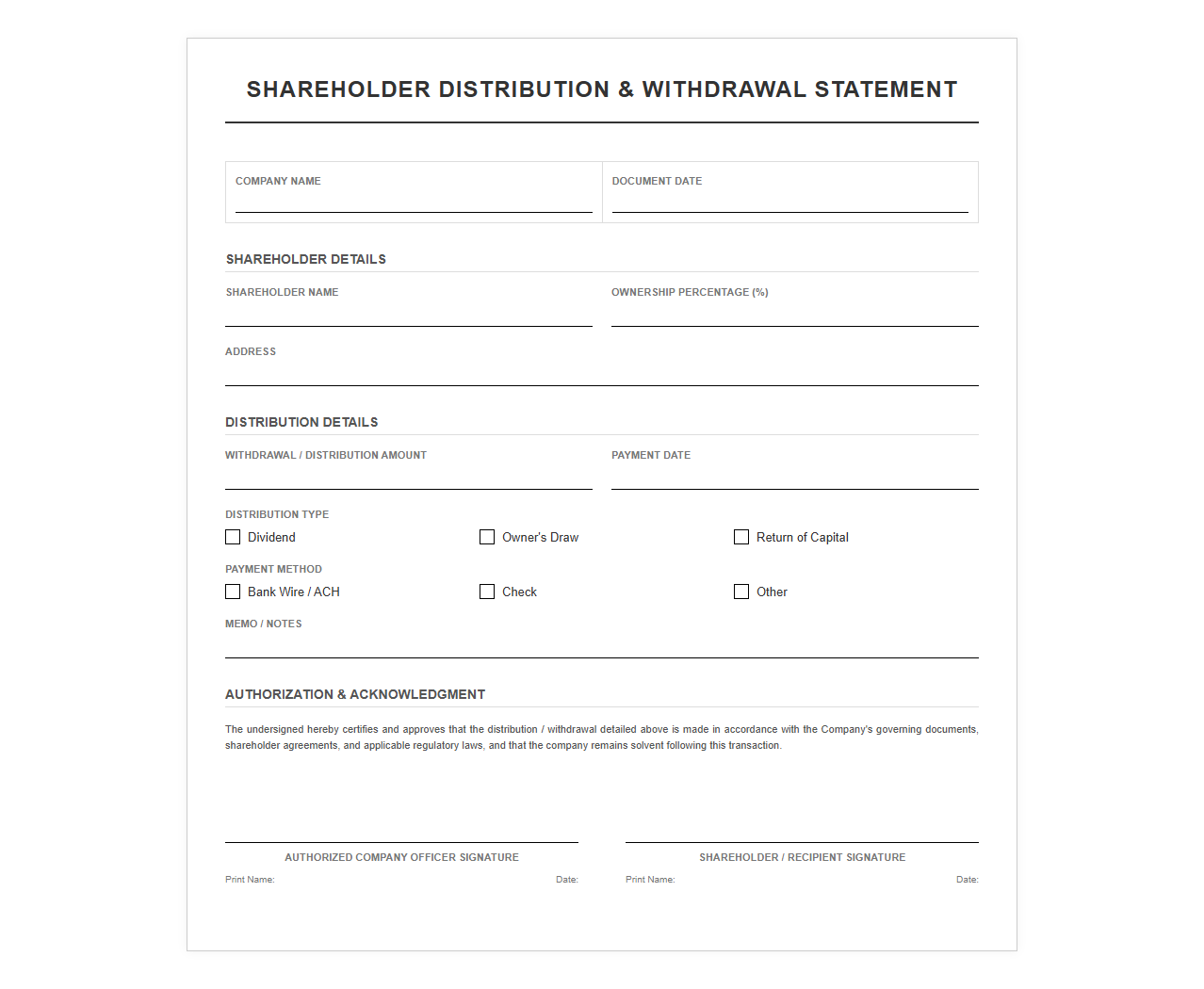 Shareholder Distribution and Withdrawal Template