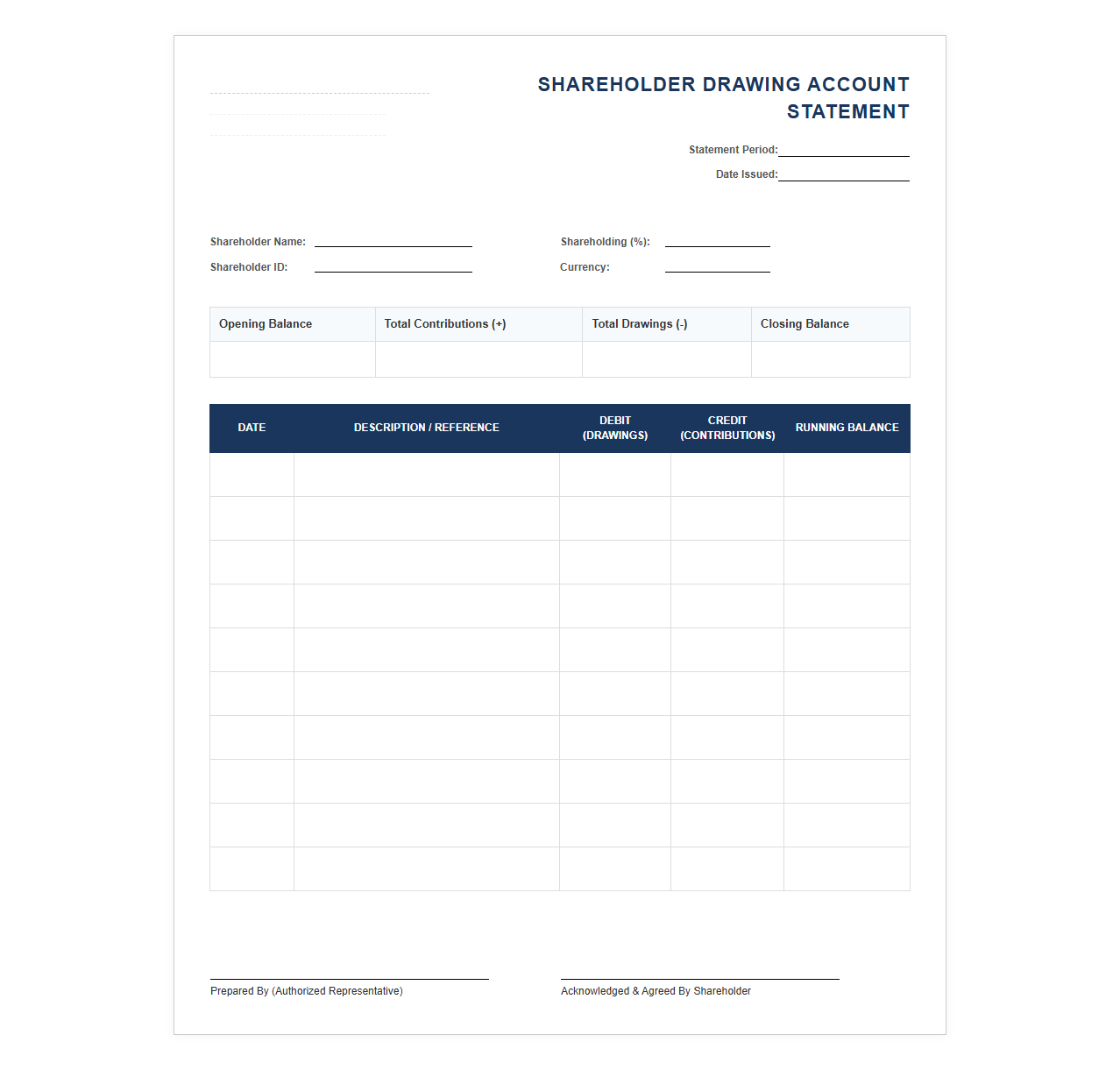 Shareholder Drawing Account Statement