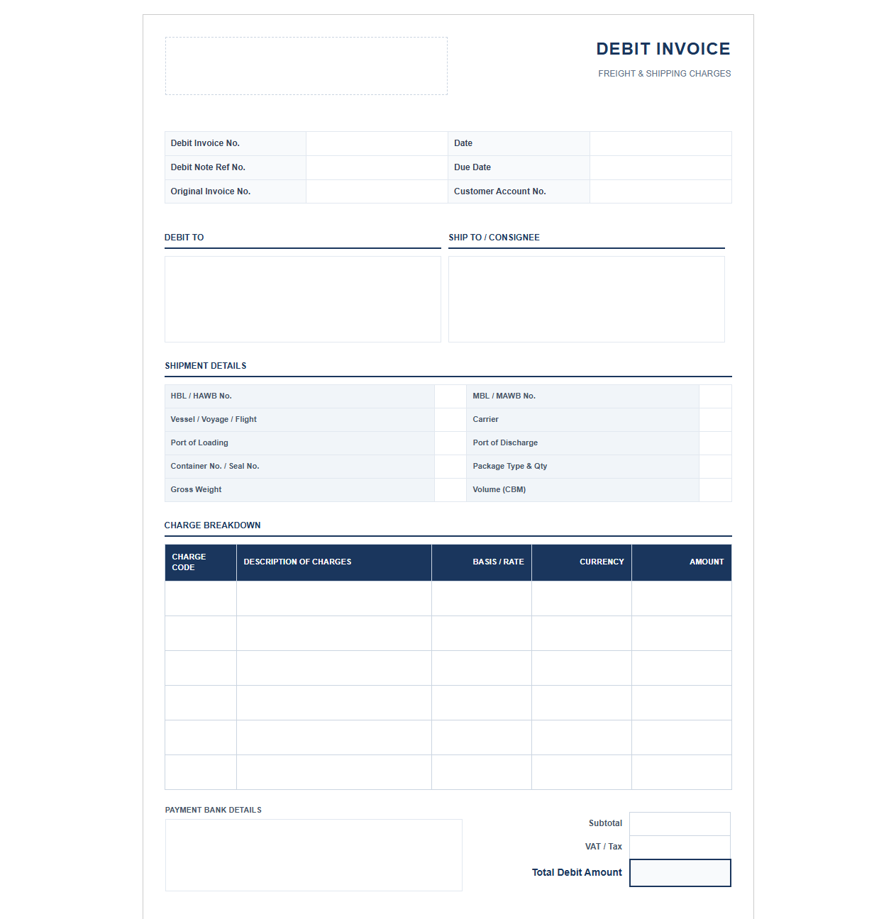 Shipping and Freight Debit Invoice Template