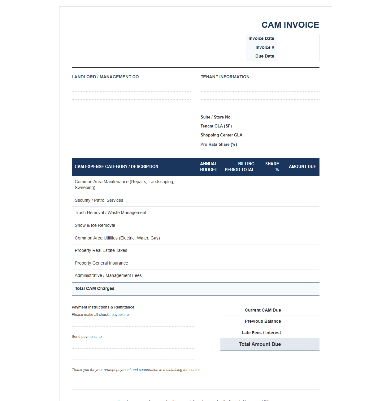 Shopping Center CAM Charges Invoice Template