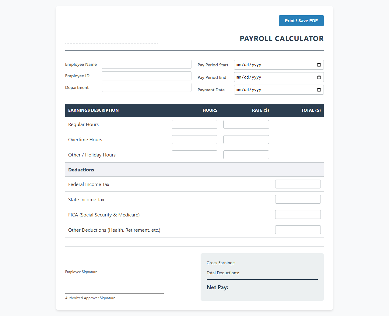 Simple Hourly Rate Payroll Calculator