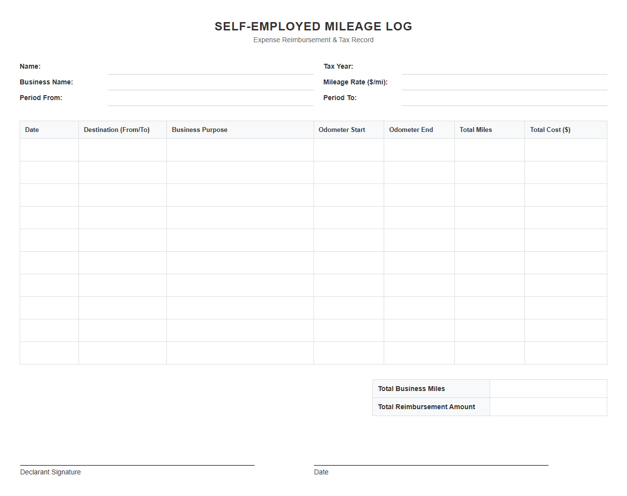 Simple Self-Employed Mileage Reimbursement Template