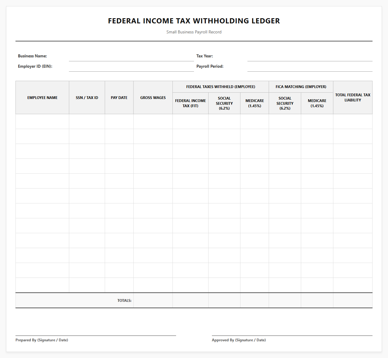 Small Business Federal Tax Withholding Ledger