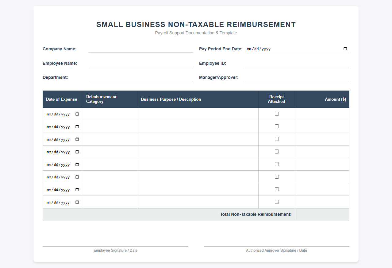 Small Business Non-Taxable Reimbursement Payroll Spreadsheet
