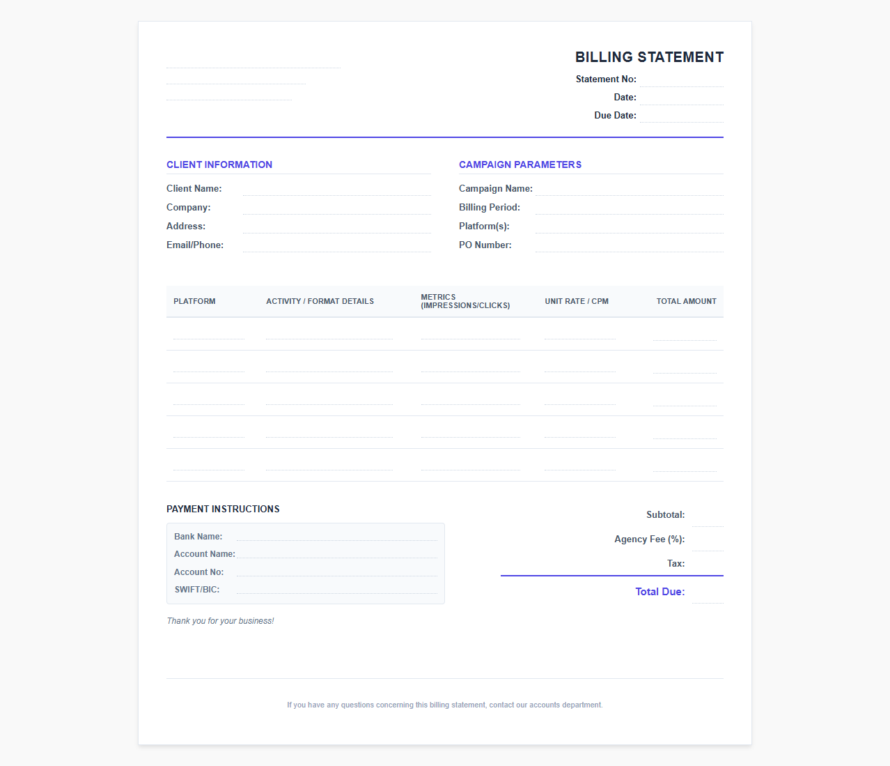 Social Media Campaign Billing Statement