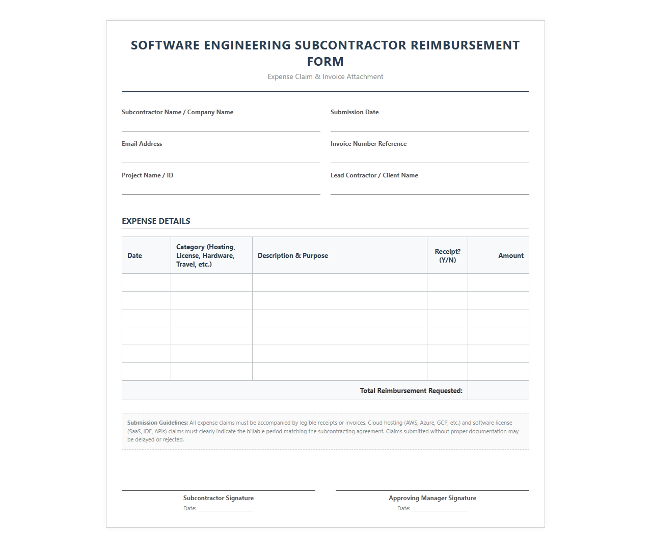 Software Engineering Subcontractor Reimbursement Form