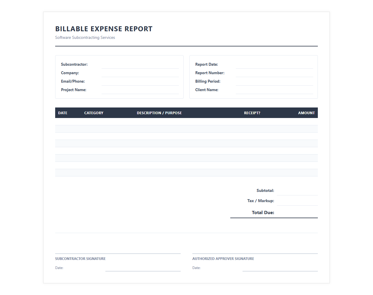 Software Subcontracting Billable Expense Report