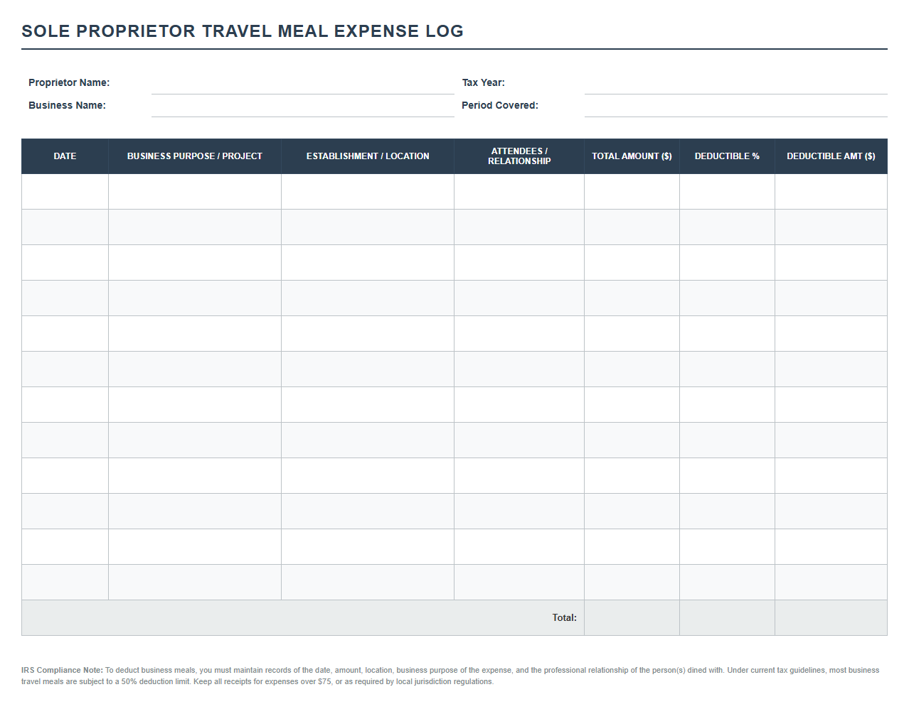 Sole Proprietor Travel Meal Expense Spreadsheet