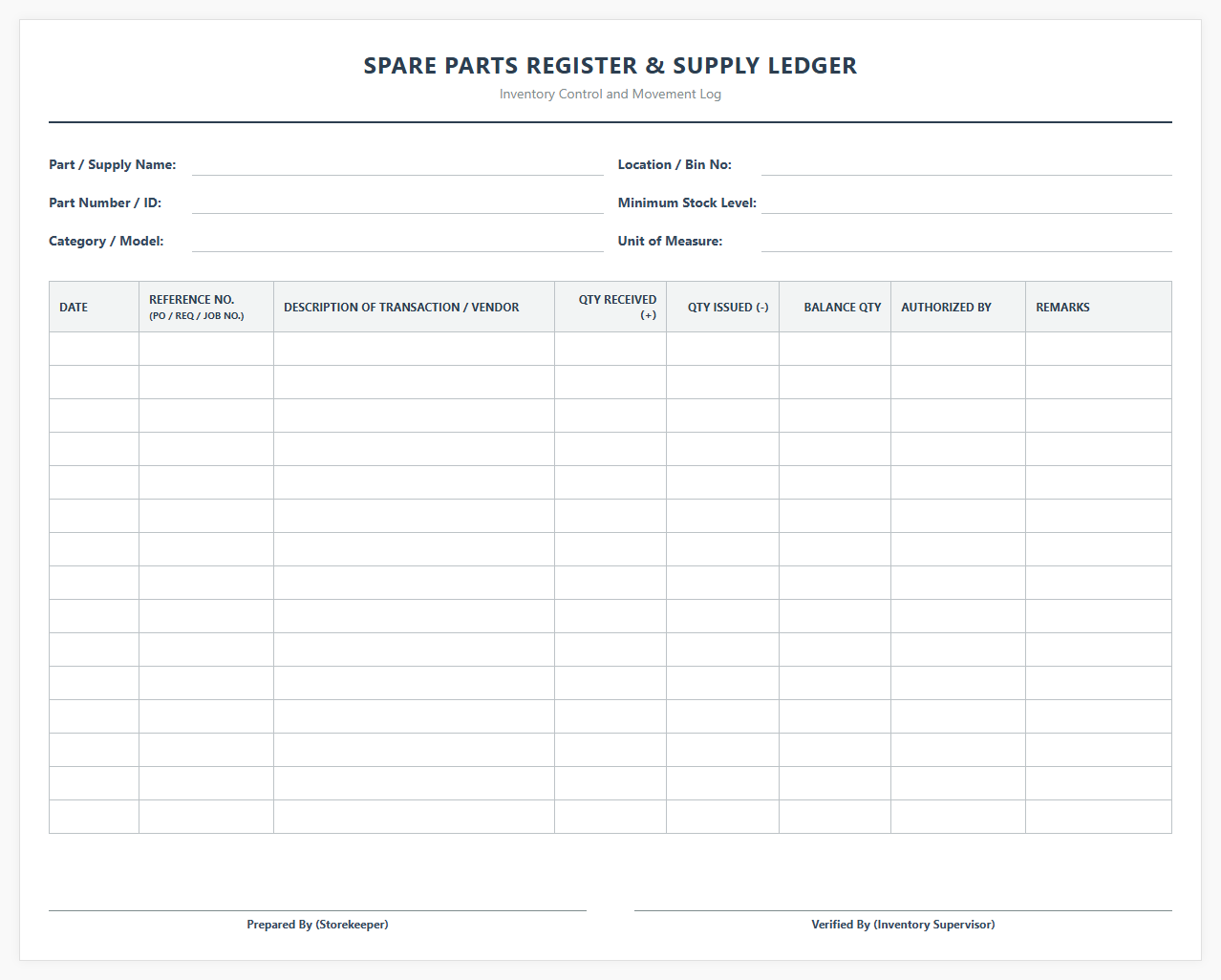 Spare Parts Register and Supply Ledger