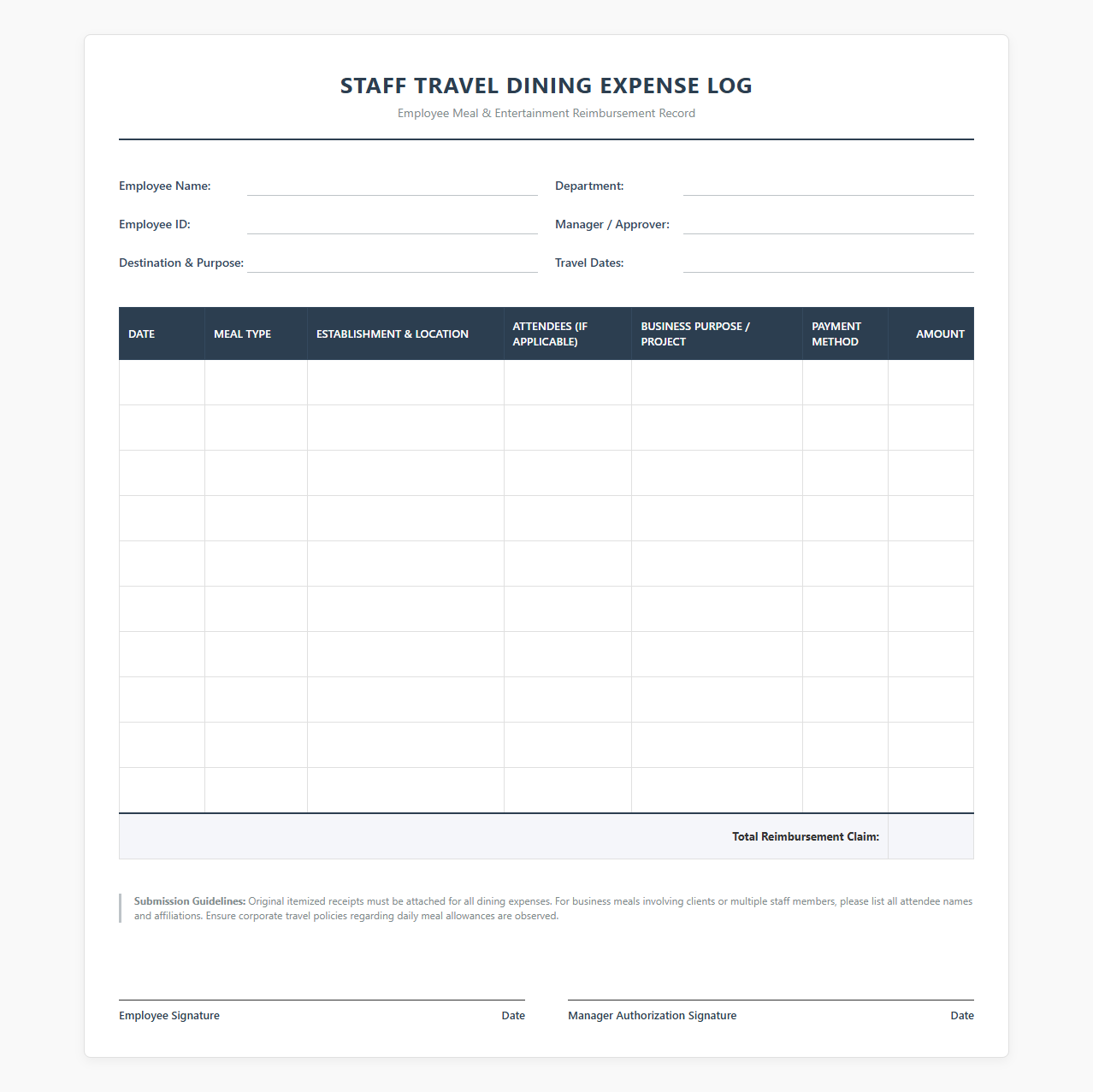 Staff Travel Dining Expense Log