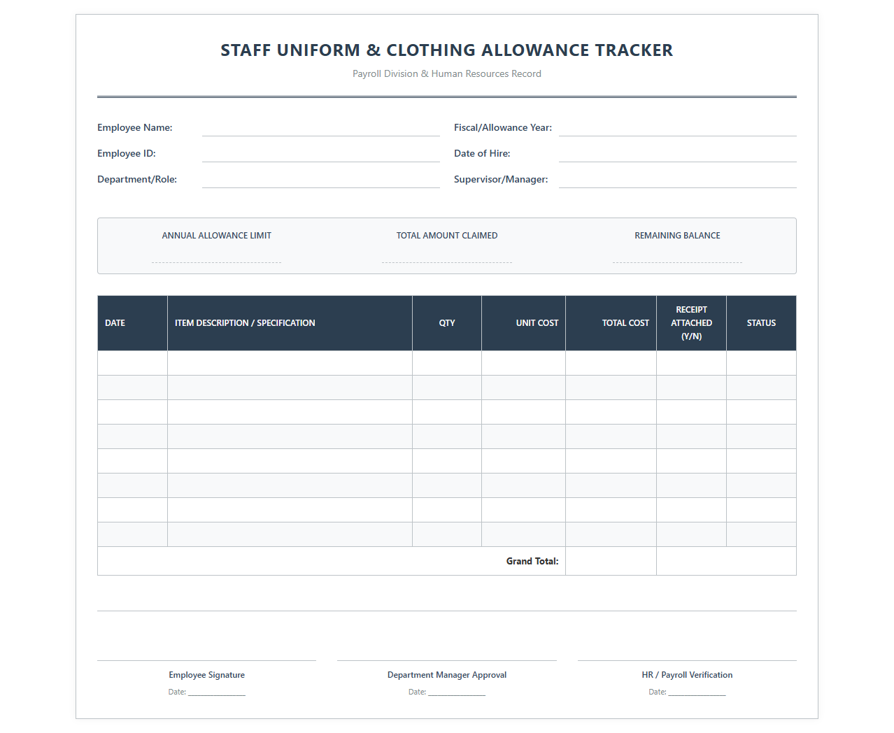Staff Uniform and Clothing Allowance Tracker