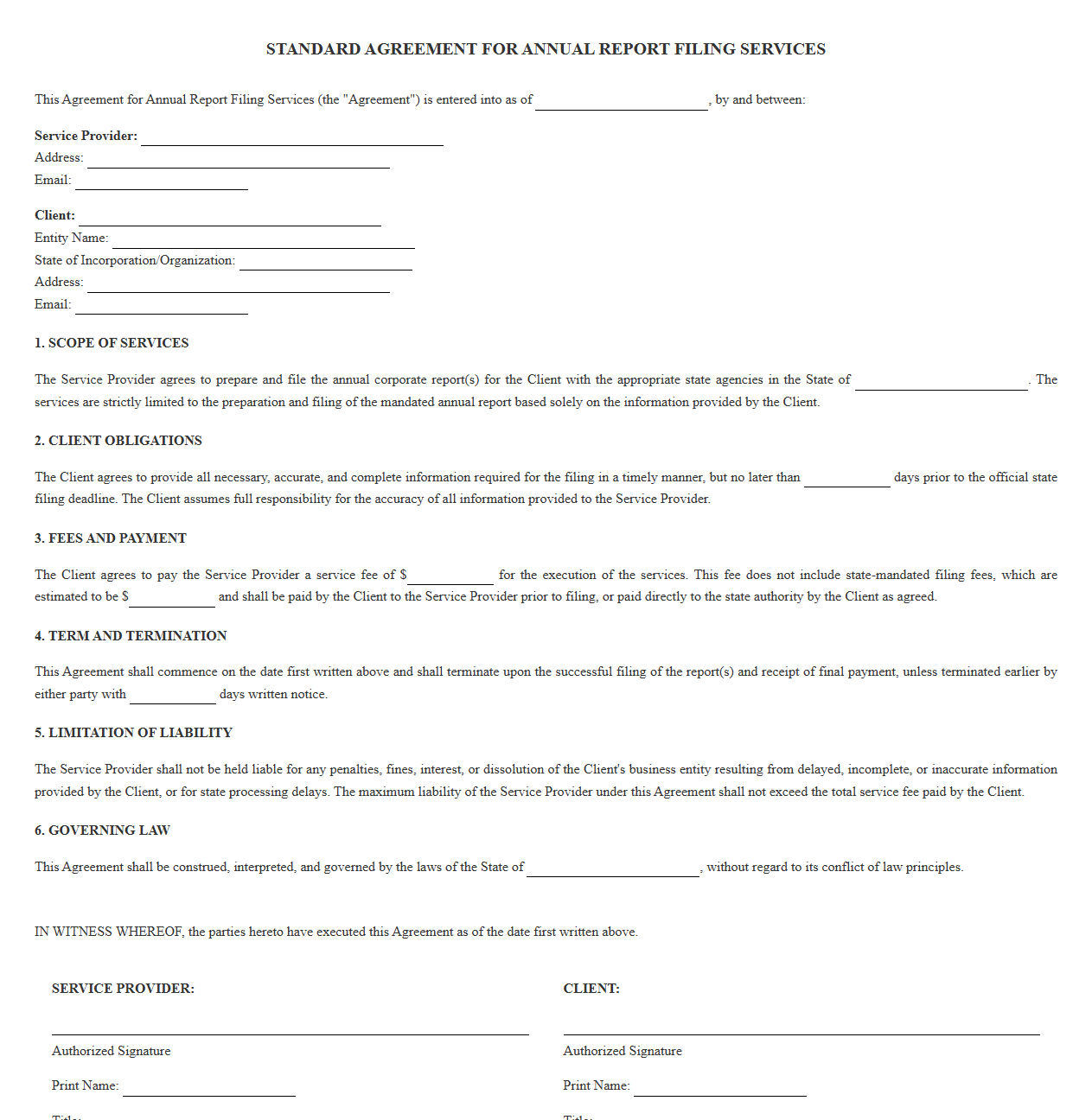 Standard Agreement for Annual Report Filing