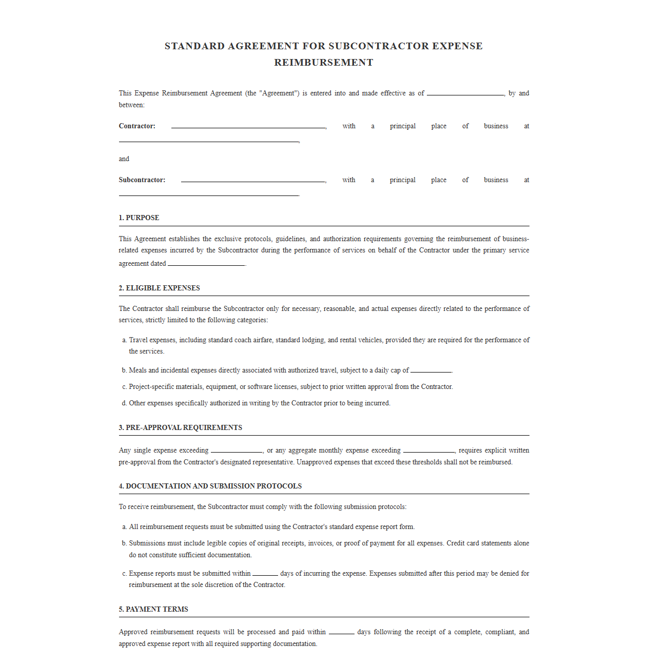 Standard Agreement for Subcontractor Expense Reimbursement