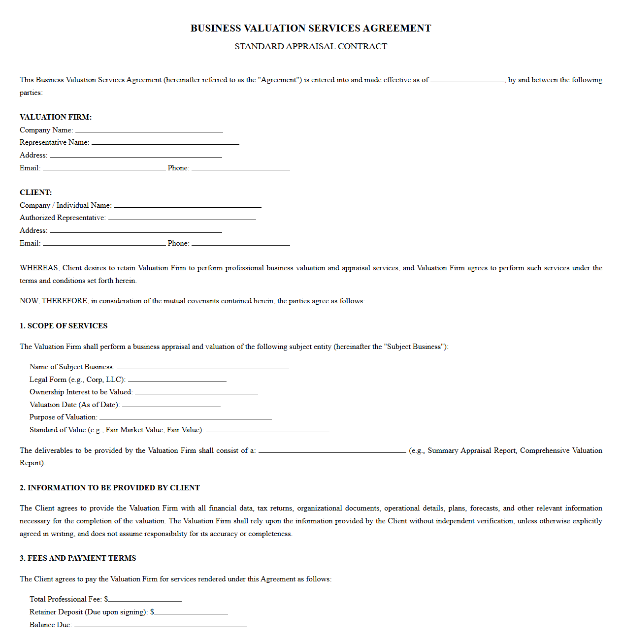 Standard Business Appraisal Services Agreement