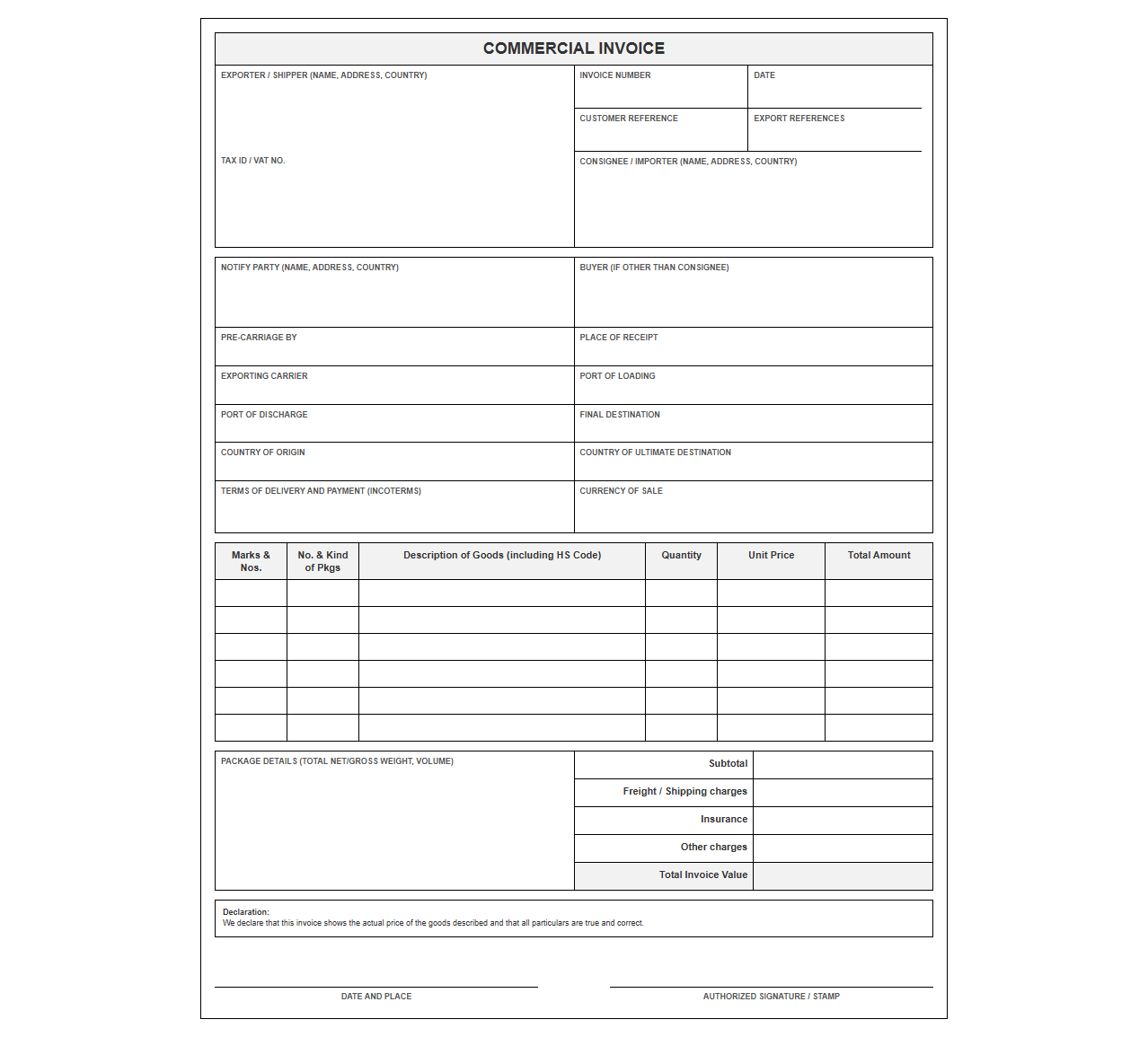 Standard Commercial Export Invoice Template
