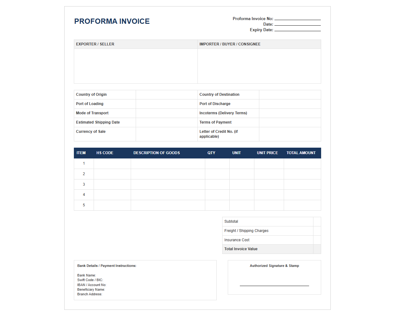 Standard Commercial Transaction Proforma Invoice
