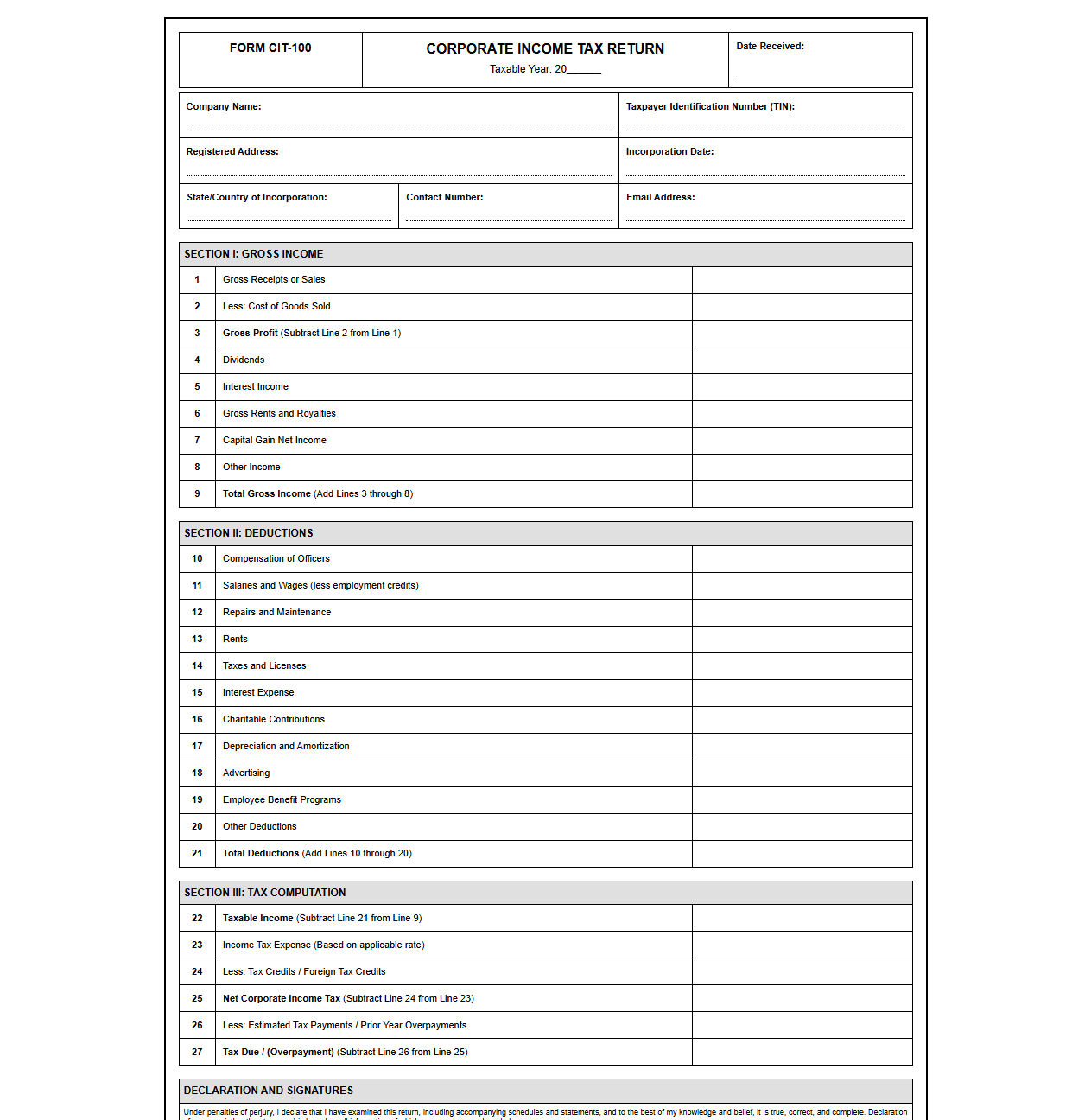 Standard Corporate Tax Return Form