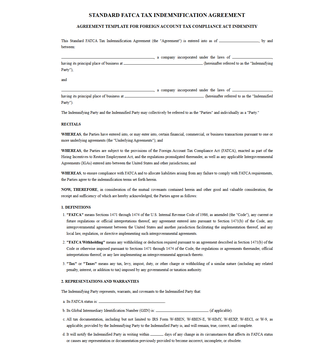 Standard FATCA Tax Indemnification Agreement