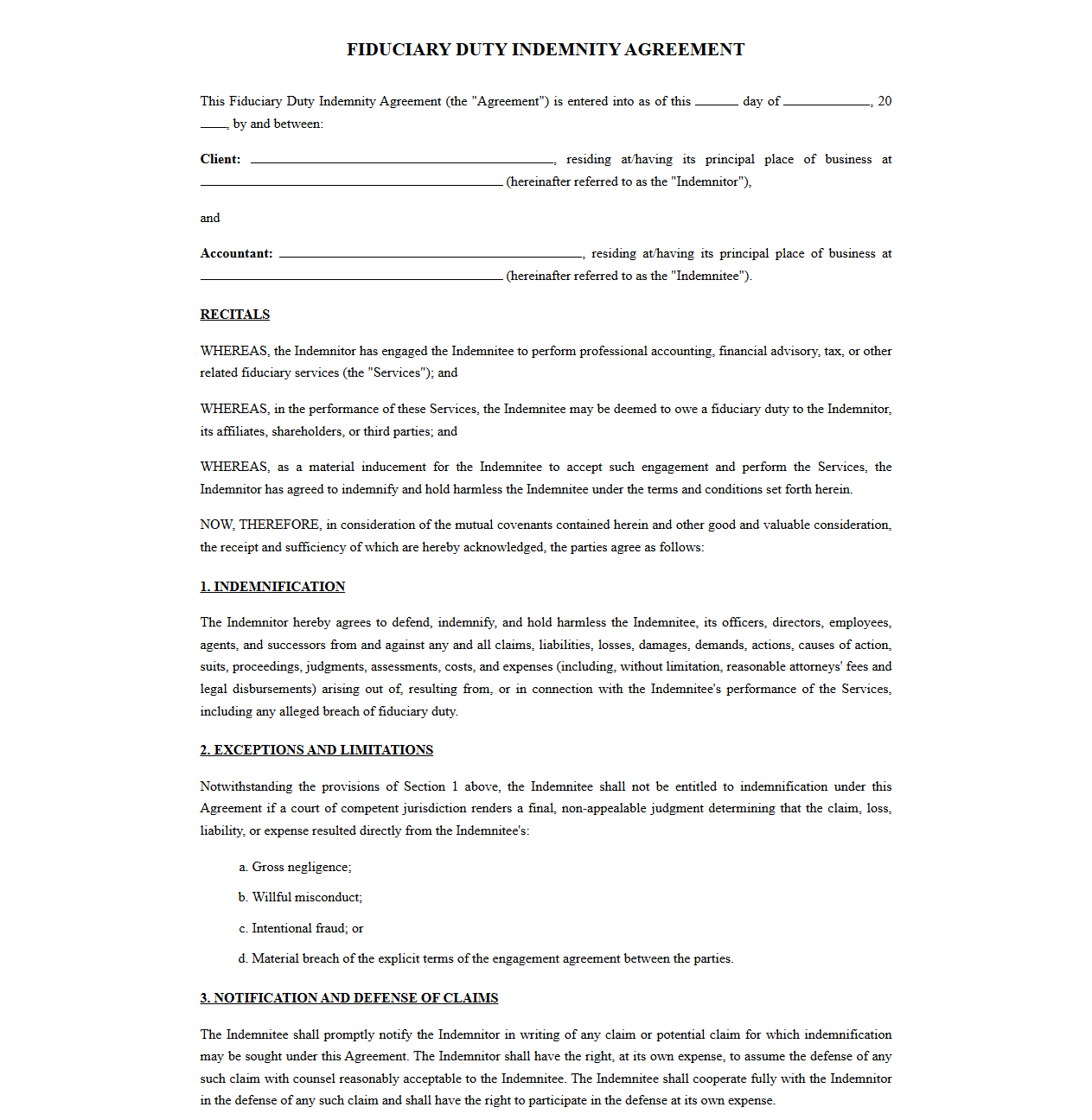 Standard Fiduciary Duty Indemnity for Accountants