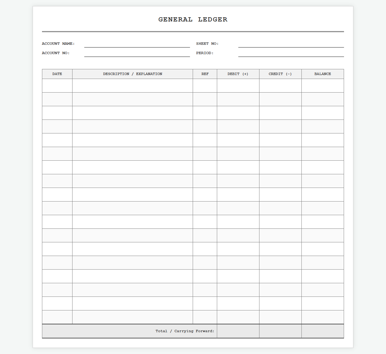 Standard General Ledger Bookkeeping Journal