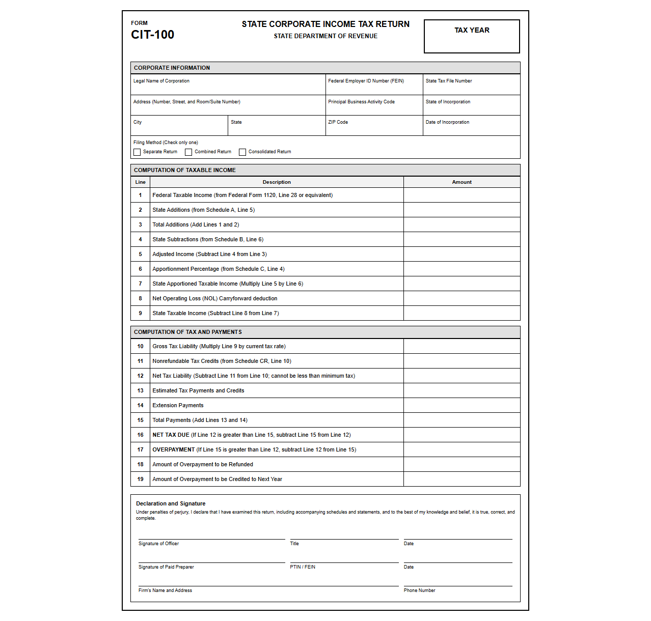 State Corporate Income Tax Filing Template