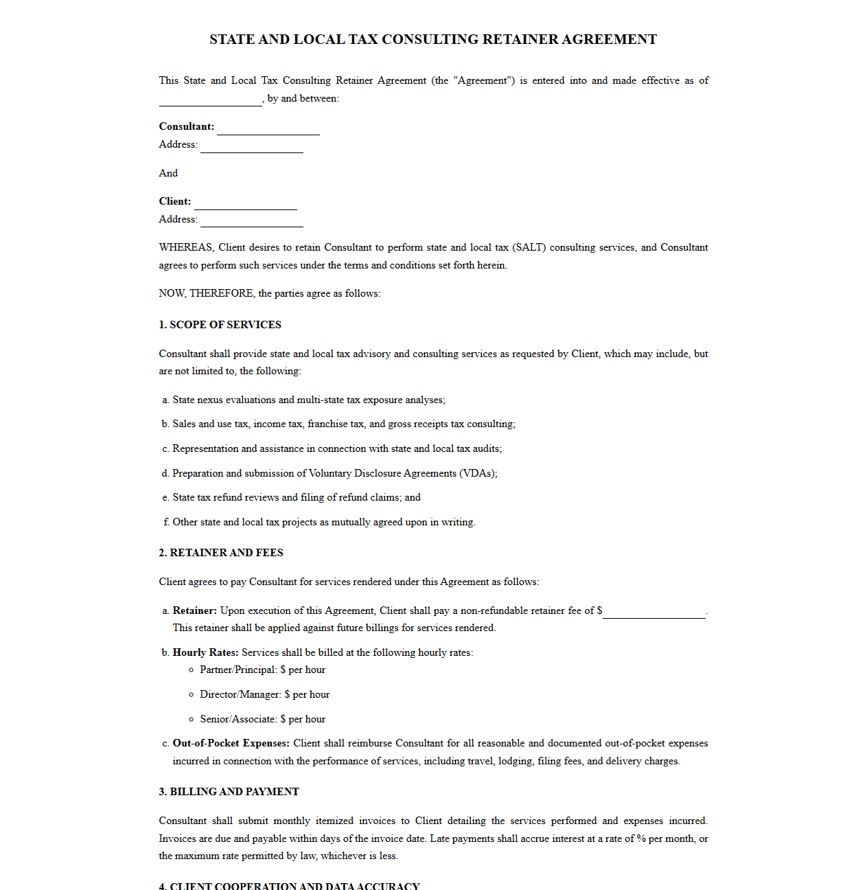 State and Local Tax Consulting Retainer Agreement