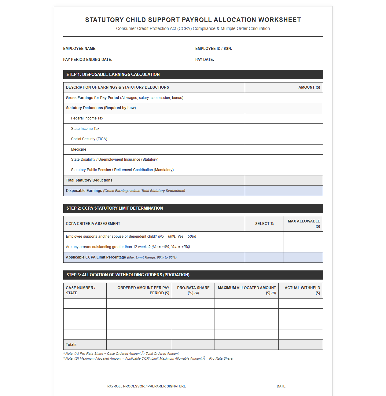 Statutory Child Support Payroll Allocation Worksheet