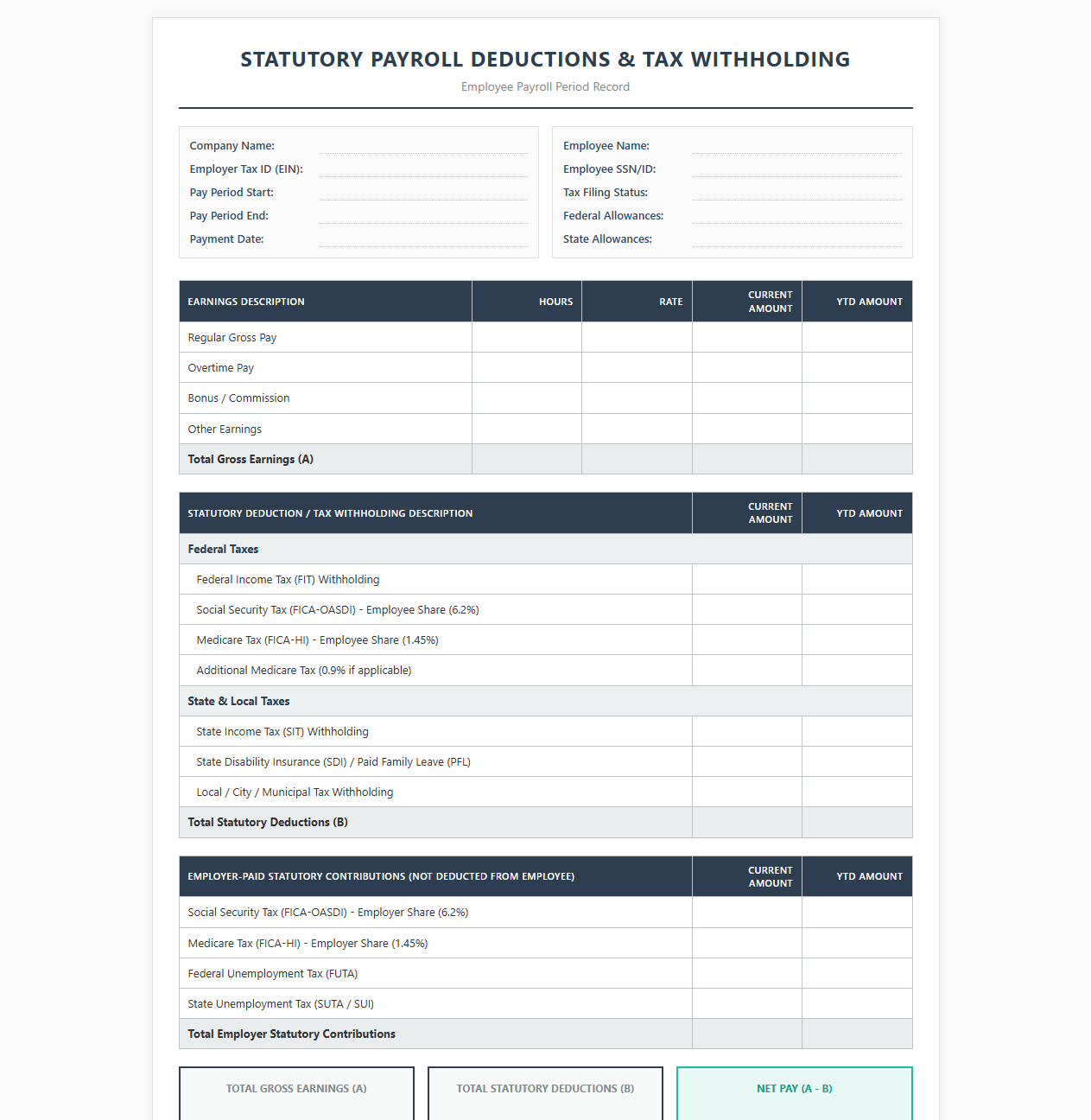 Statutory Payroll Deductions and Tax Withholding Template