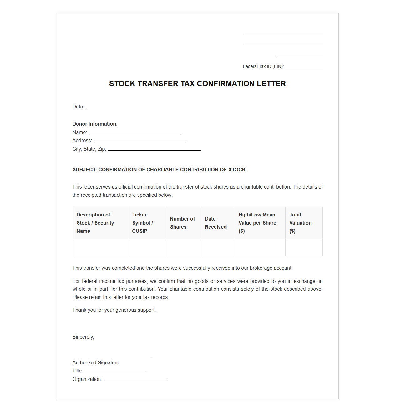 Stock Transfer Tax Confirmation Letter