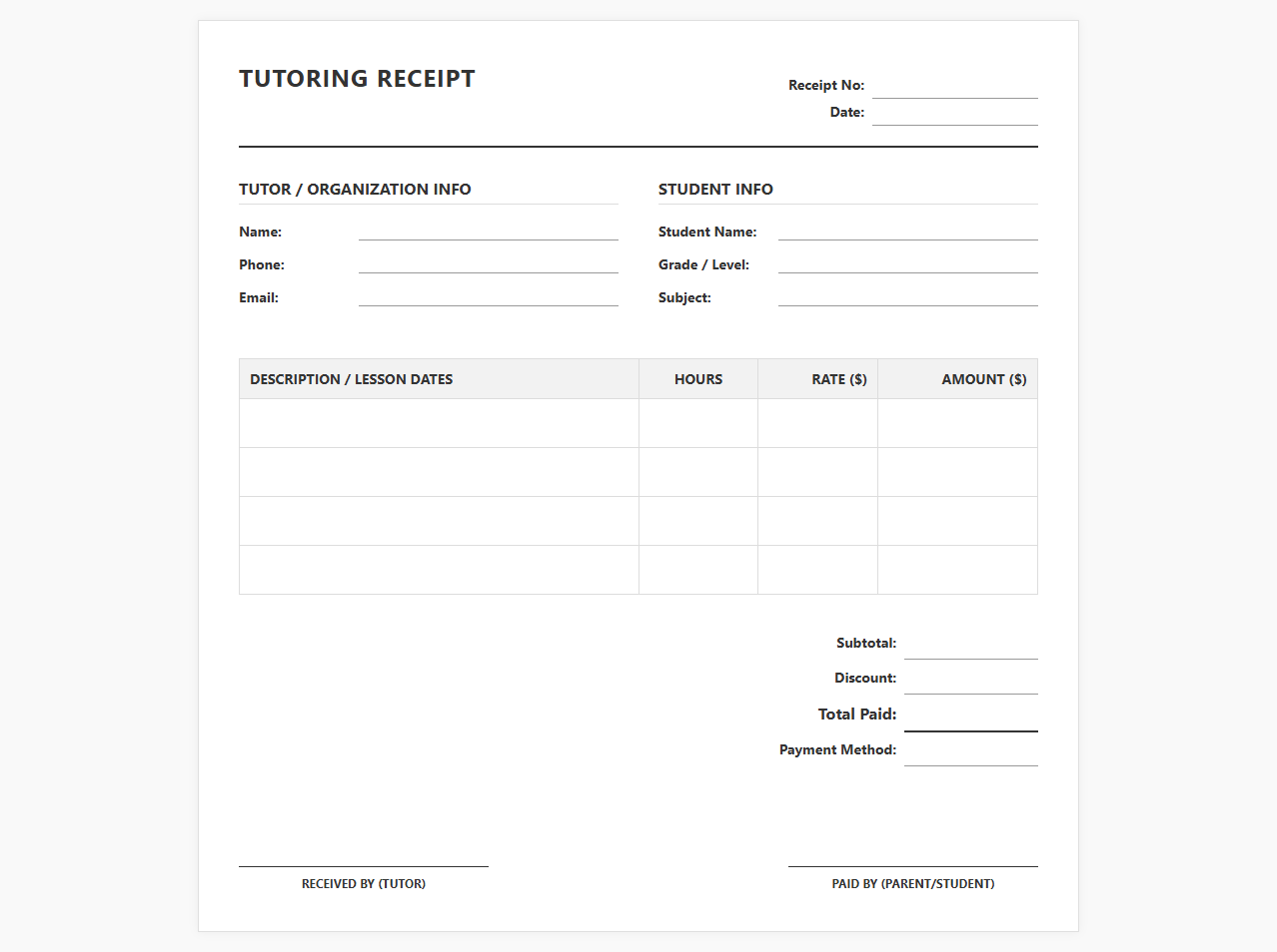 Student Tutoring Fees Payment Receipt
