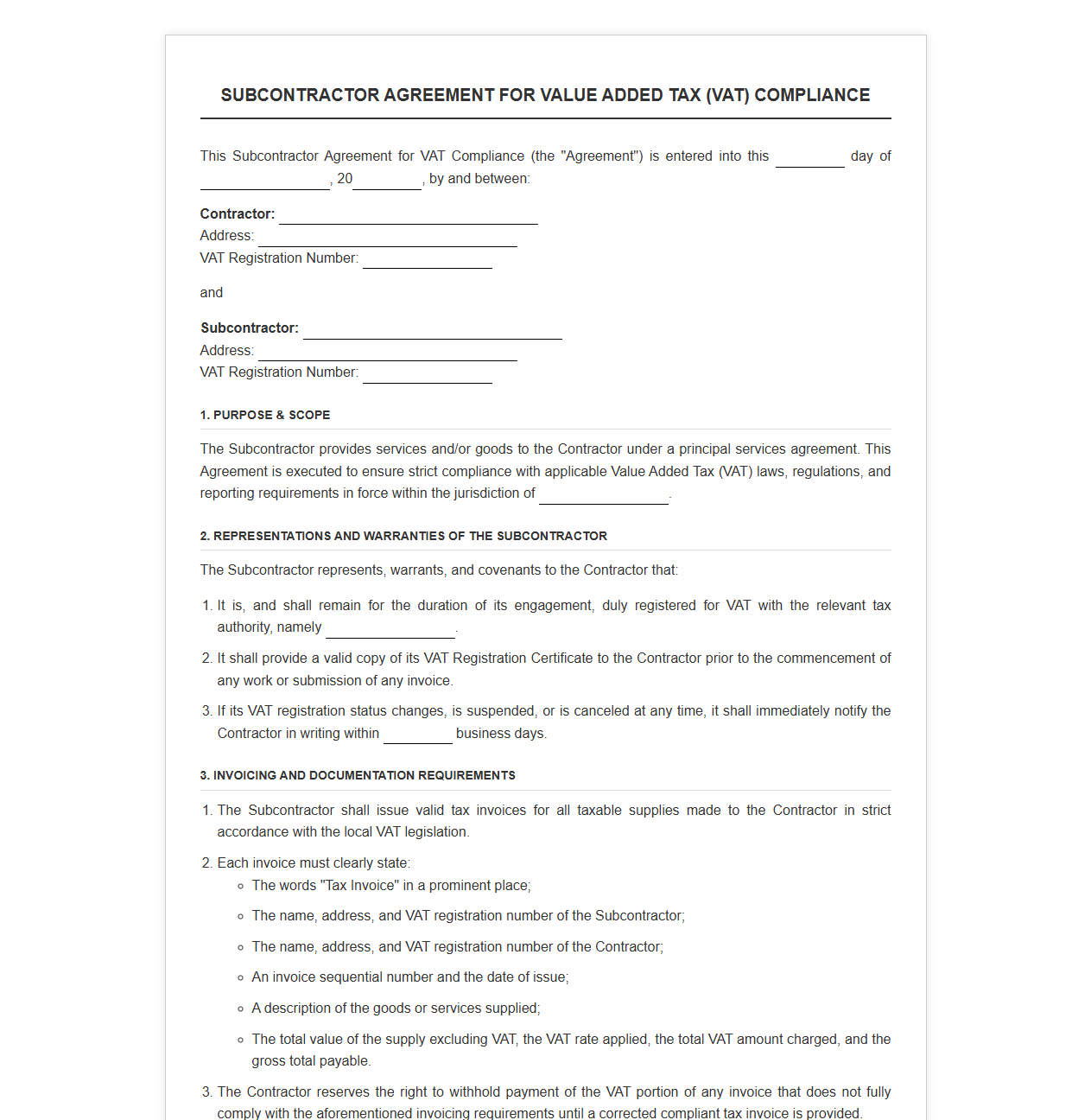 Subcontractor Agreement for VAT Registration and Reporting Compliance