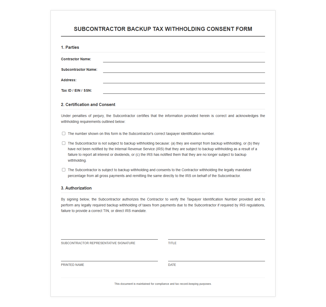 Subcontractor Backup Tax Withholding Consent Form
