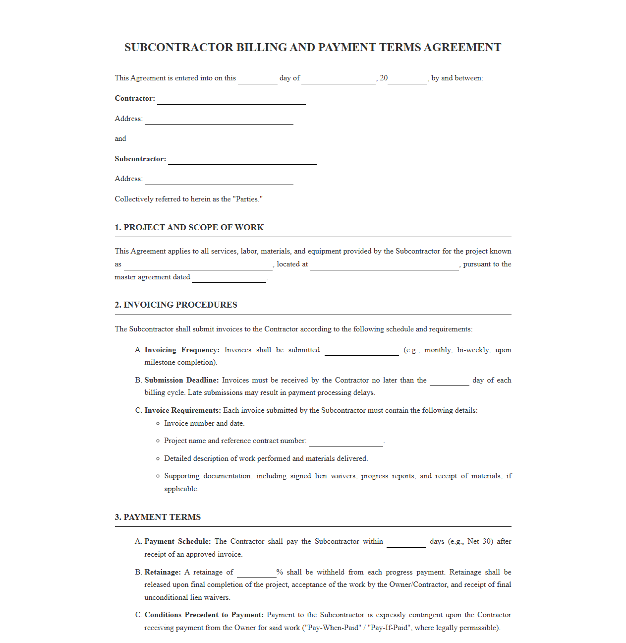Subcontractor Billing and Payment Terms Contract