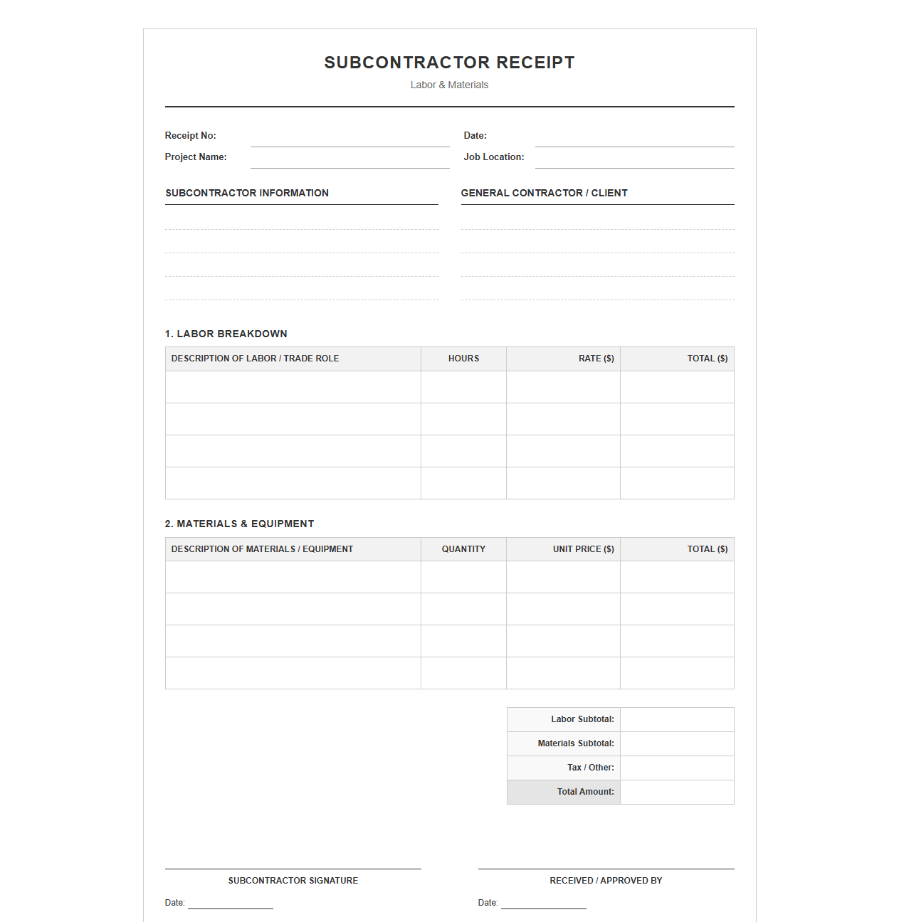Subcontractor Labor and Materials Receipt Template