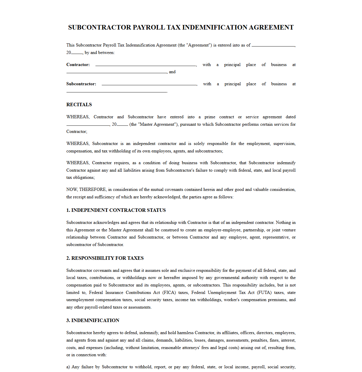 Subcontractor Payroll Tax Indemnification Agreement Template