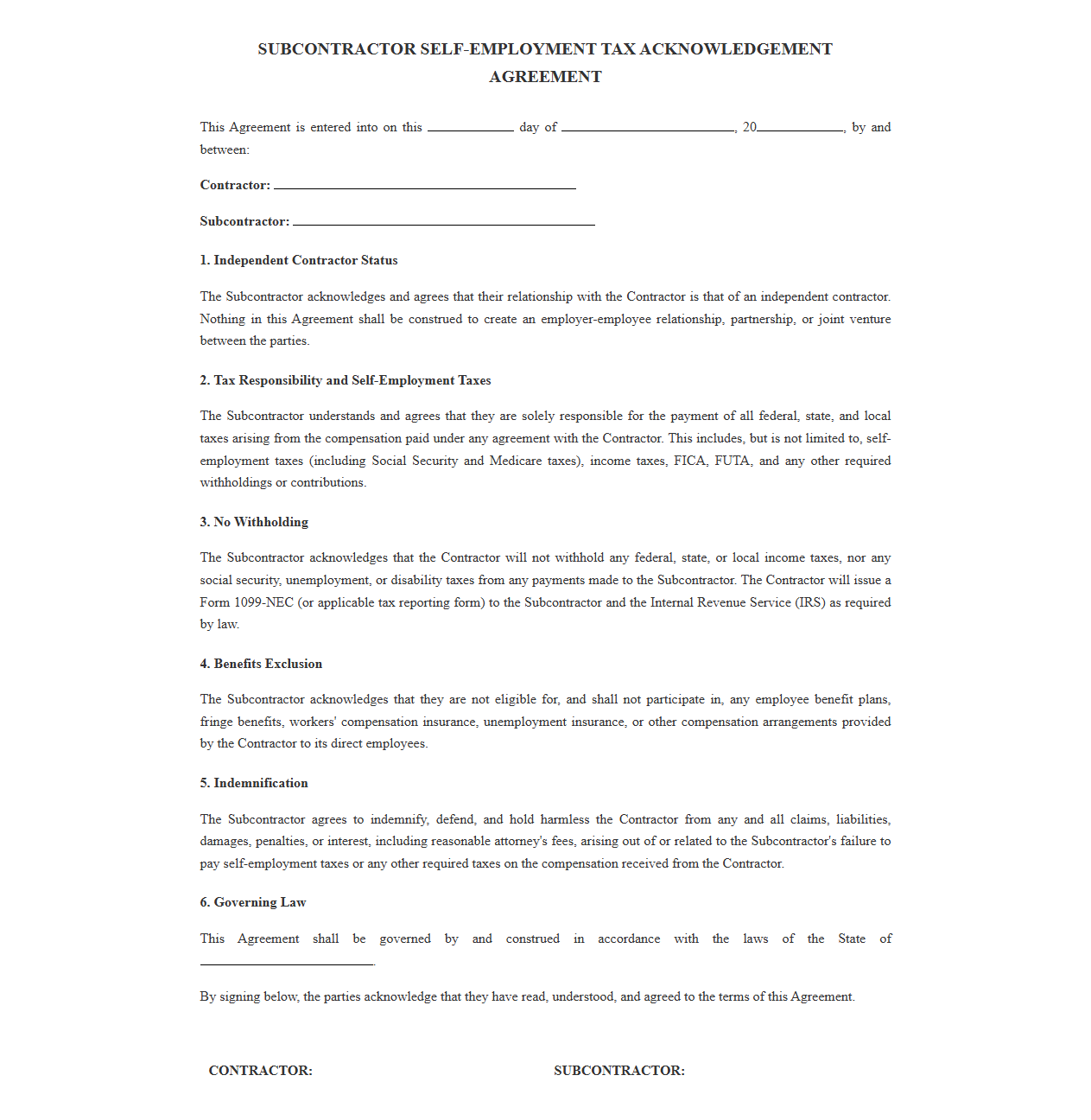 Subcontractor Self Employment Tax Acknowledgement Agreement