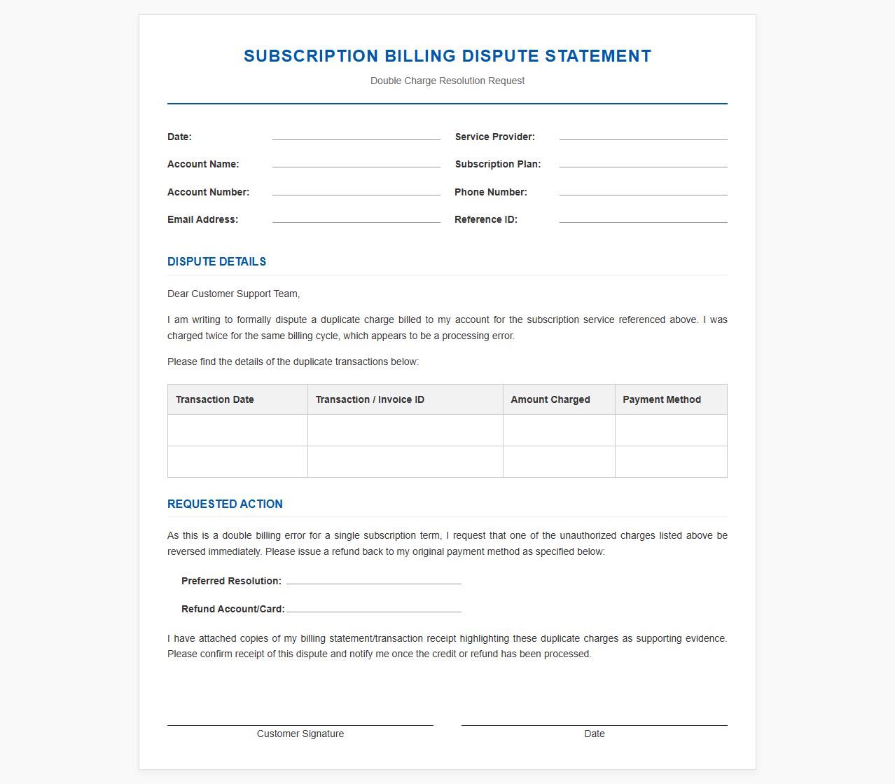 Subscription Service Double Billing Dispute Template