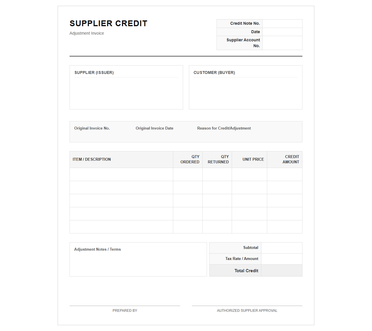 Supplier Credit Adjustment Invoice Layout