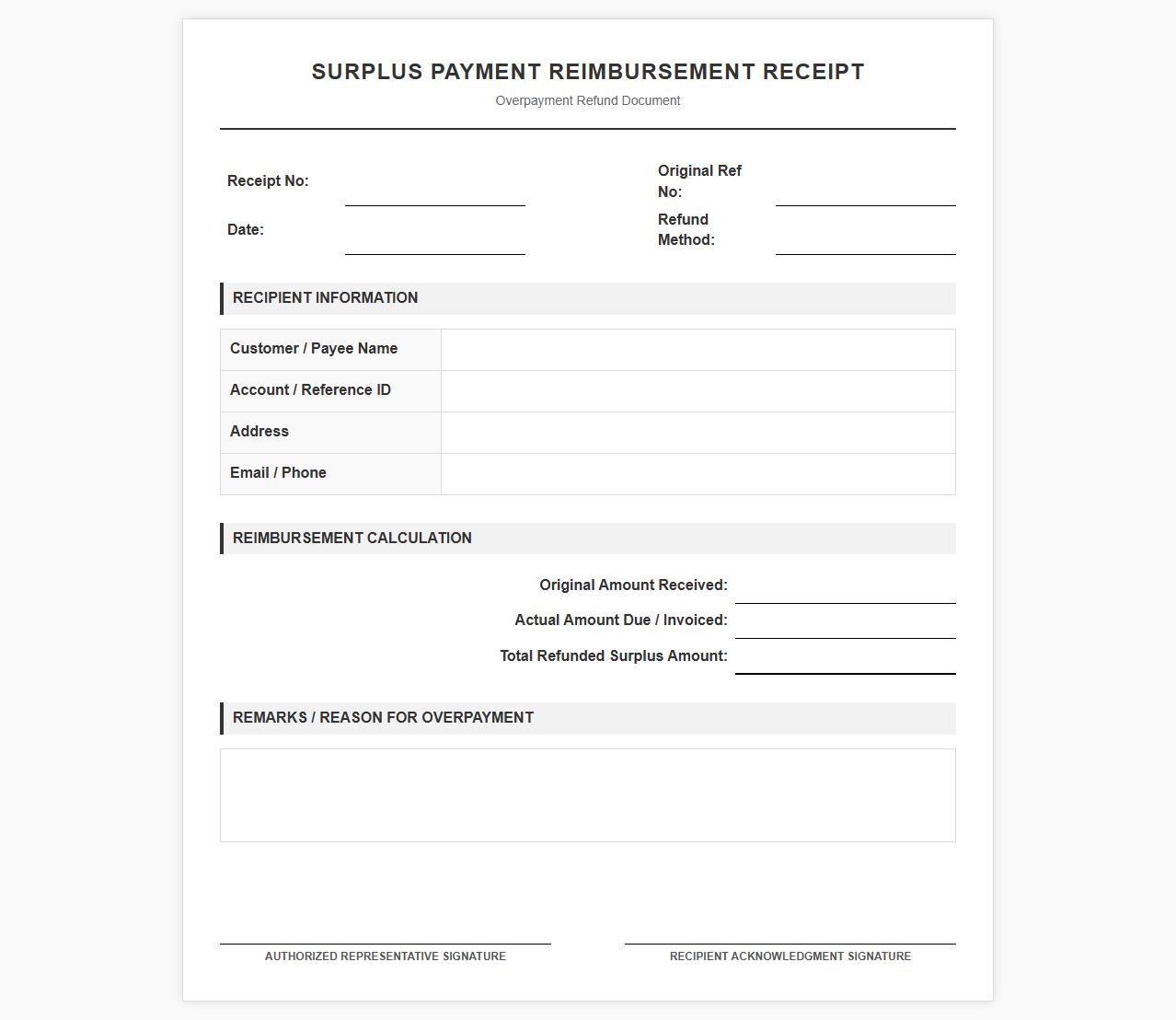 Surplus Payment Reimbursement Receipt