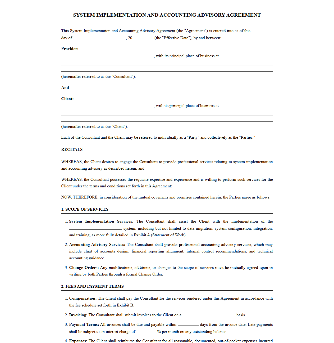 System Implementation and Accounting Advisory Agreement